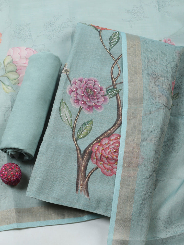Printed Linen Blend Unstitched Suit With Pant &amp; Dupatta