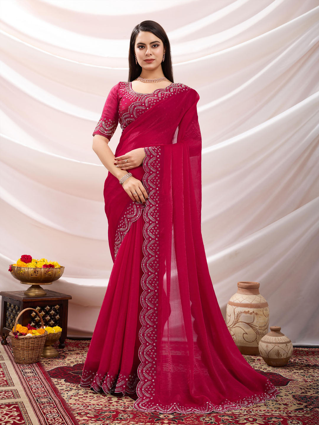Embroidered Satin Velvet Saree