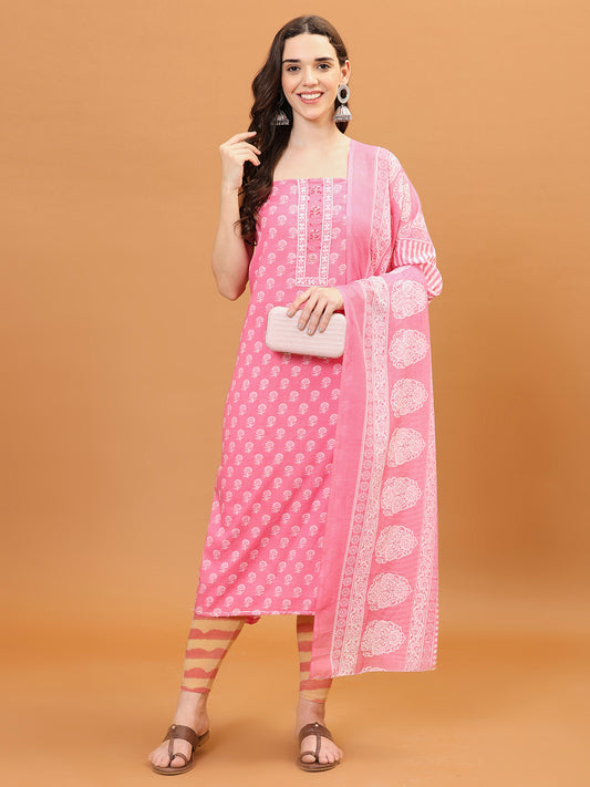 Printed Cotton Blend Unstitched Suit With Dupatta