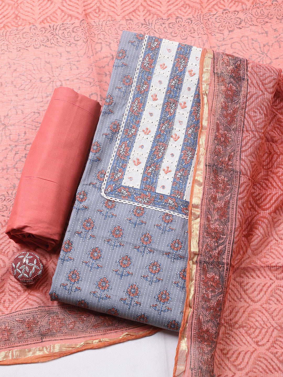 Printed Cotton Blend Unstitched Suit With Pant &amp; Dupatta