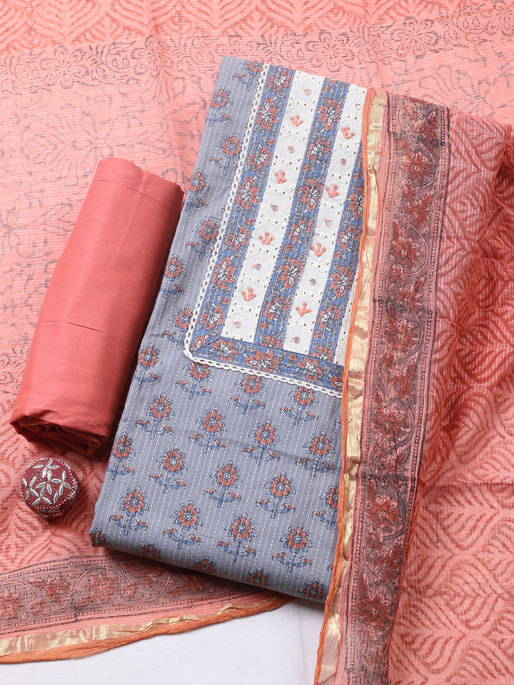 Printed Cotton Blend Unstitched Suit With Pant &amp; Dupatta