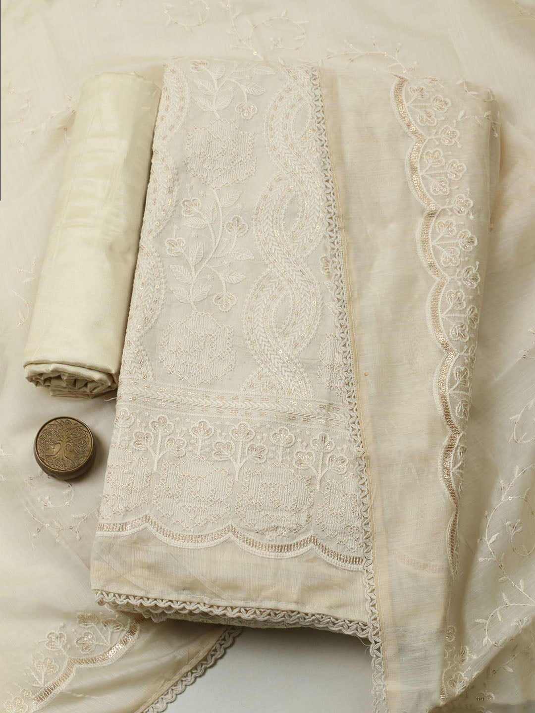 Embroidered Chanderi Unstitched Suit With Pant &amp; Dupatta