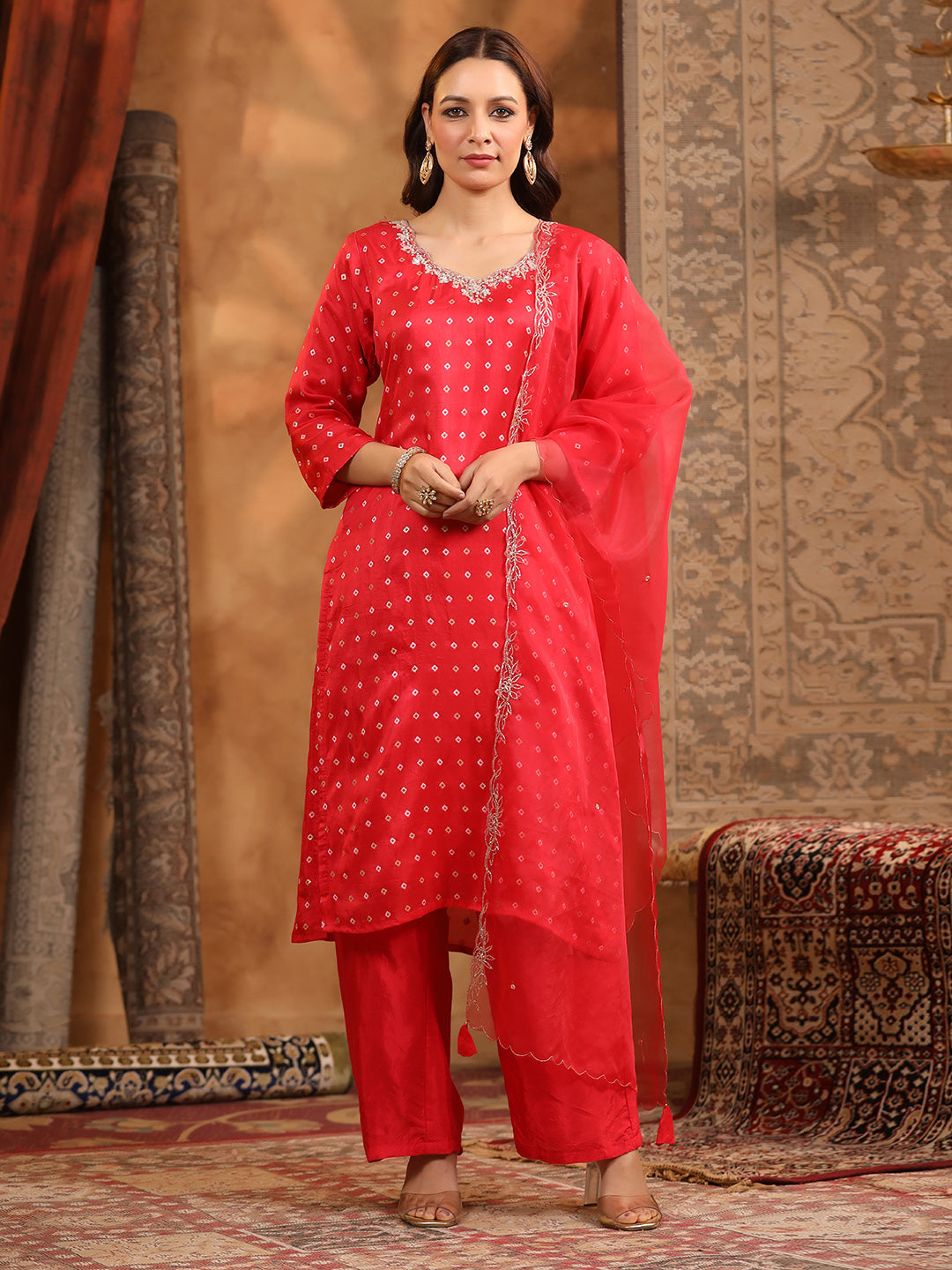 Neck Embroidered Art Silk Kurta With Pants &amp; Dupatta