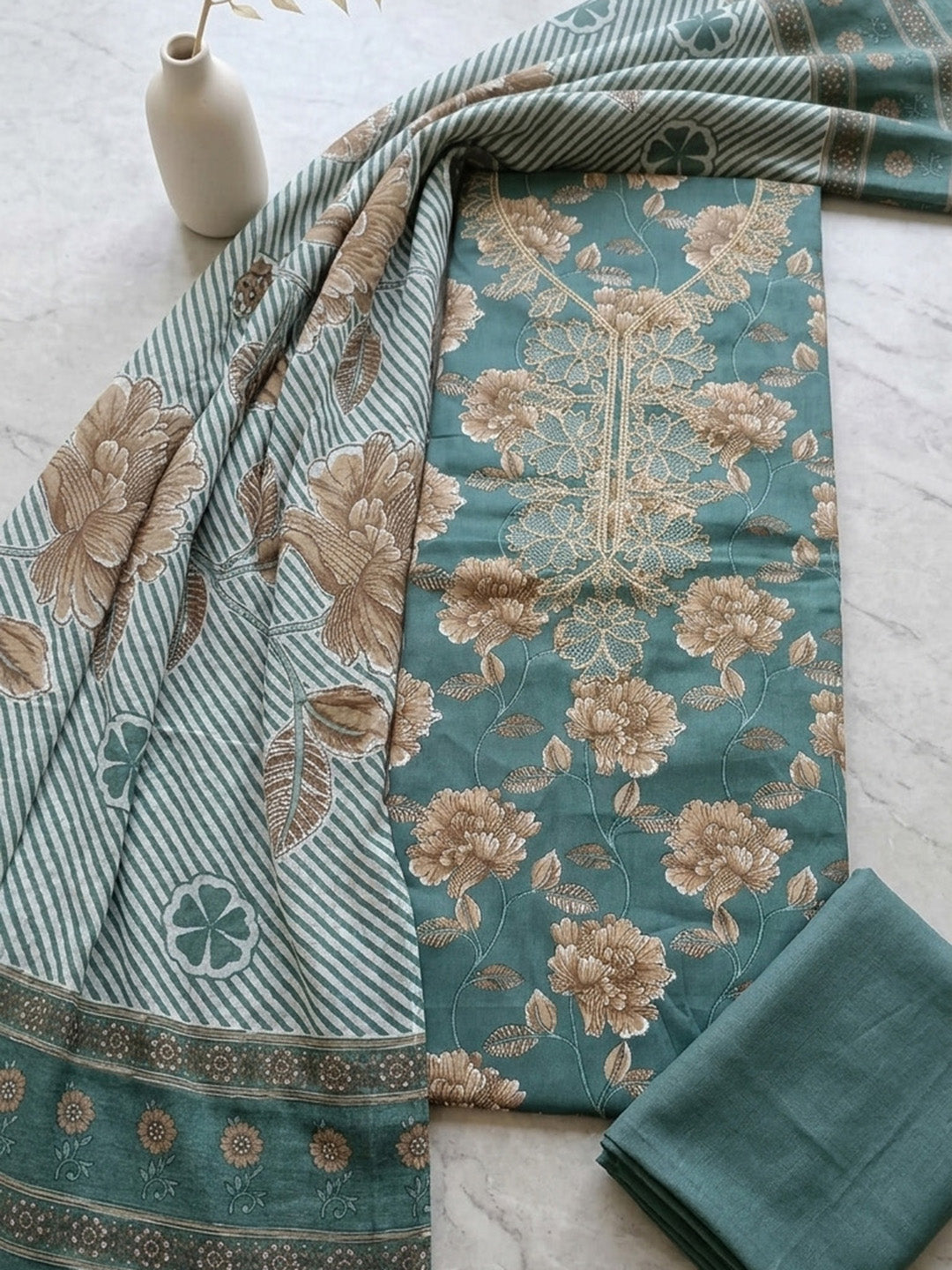 Embroidered Cotton Blend Unstitched Suit With Pant &amp; Dupatta