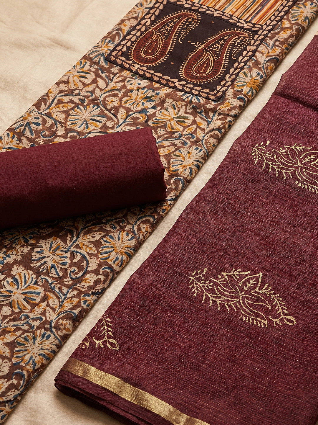 Printed Cotton Blend Unstitched Suit With Pant &amp; Dupatta