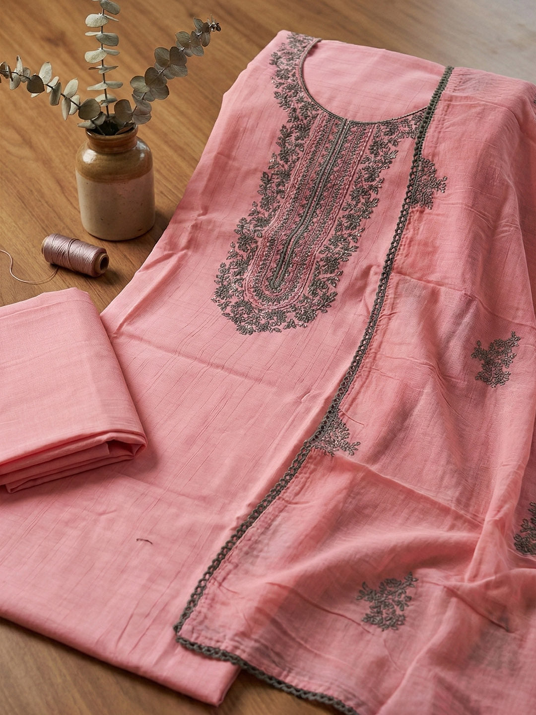 Embroidered Cotton Blend Unstitched Suit With Pant &amp; Dupatta