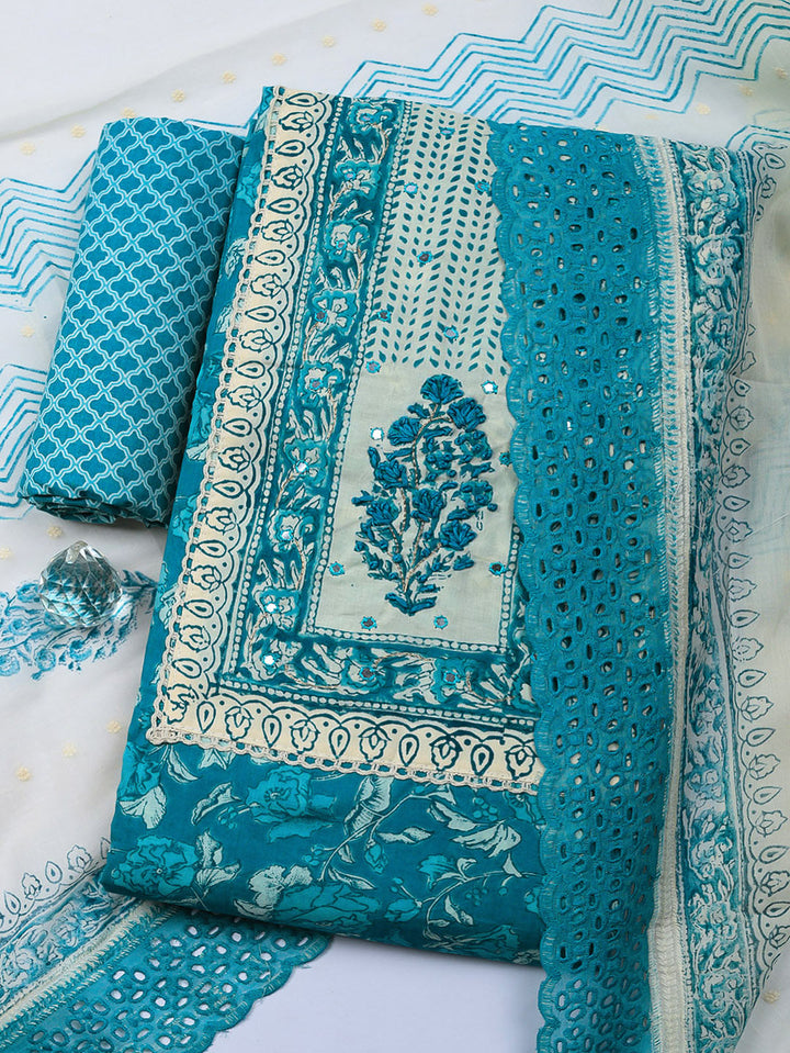 Embroidered Cotton Blend Unstitched Suit With Pant &amp; Dupatta