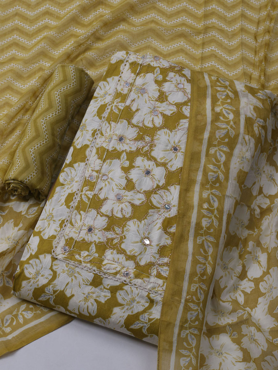 Printed Cotton Blend Unstitched Suit With Dupatta
