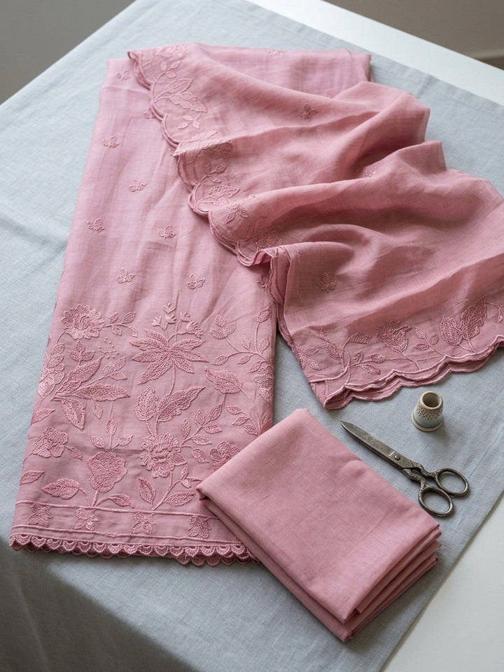 Embroidered Chanderi Unstitched Suit With Pant &amp; Dupatta