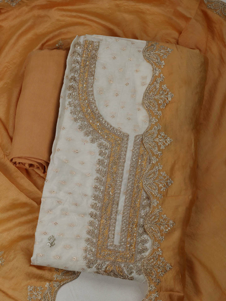 Embroidered Chanderi Unstitched Suit With Pant &amp; Dupatta