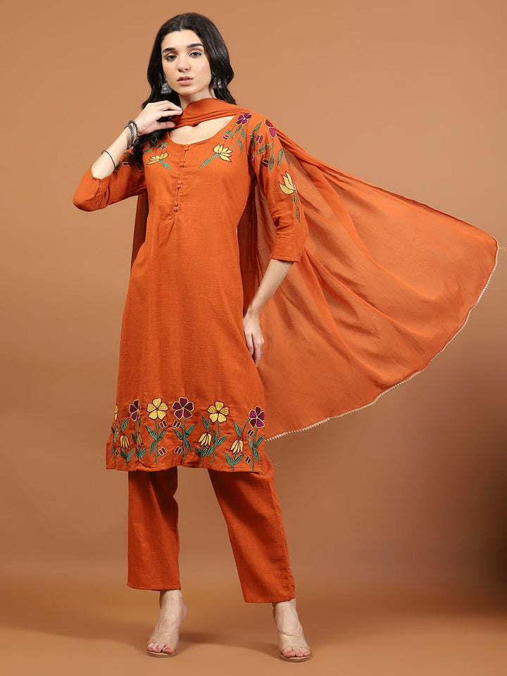 Embroidered Cotton Blend Kurta With Pants &amp; Dupatta