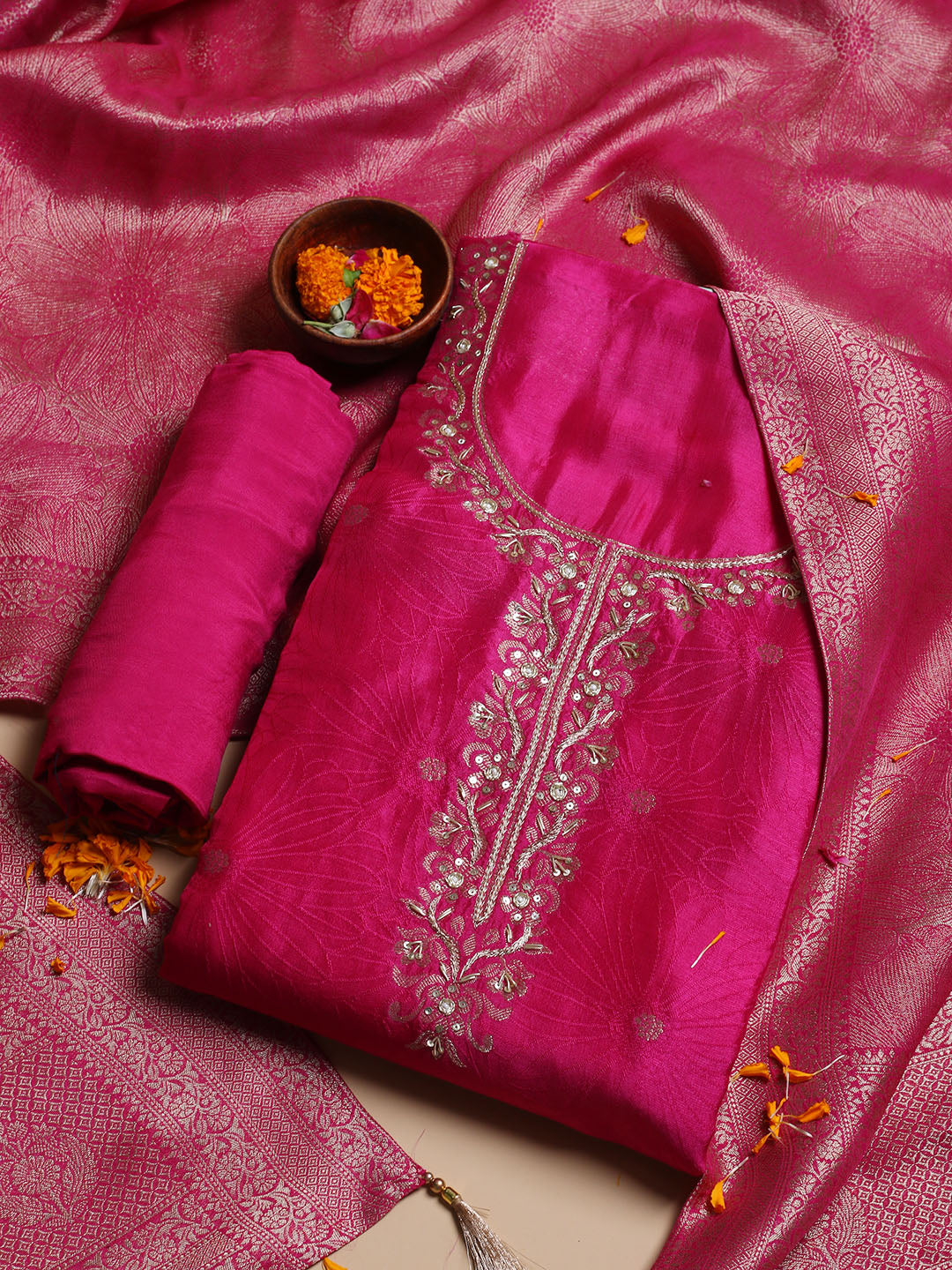 Kanjeevaram Chanderi Unstitched Suit With Dupatta