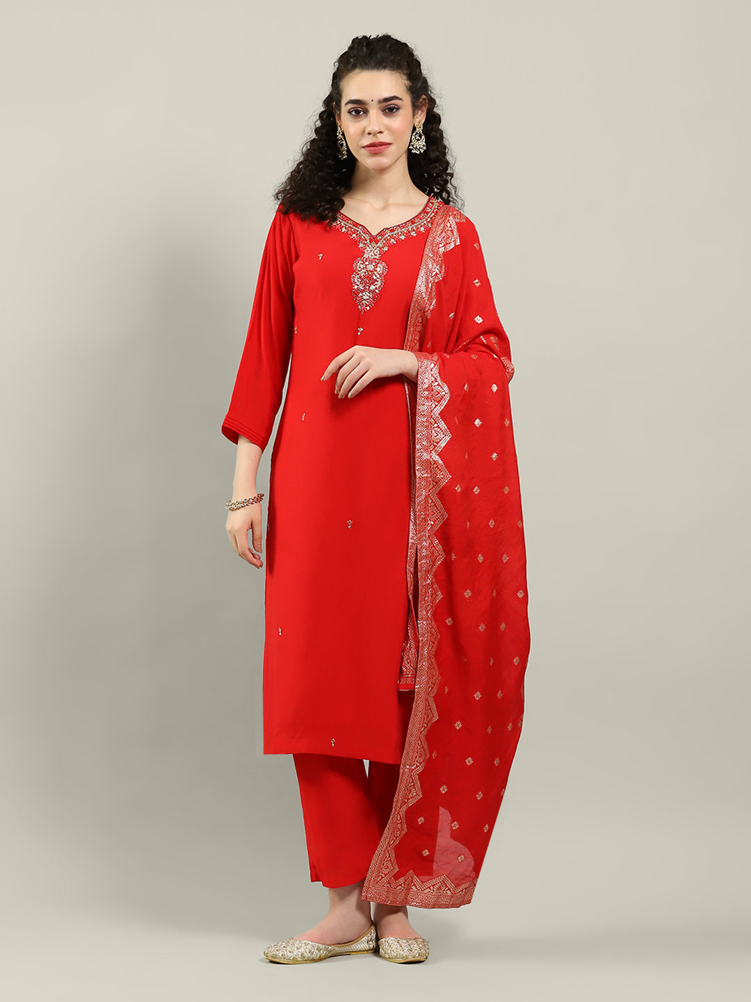 Printed Cotton Blend Kurta With Pants & Dupatta