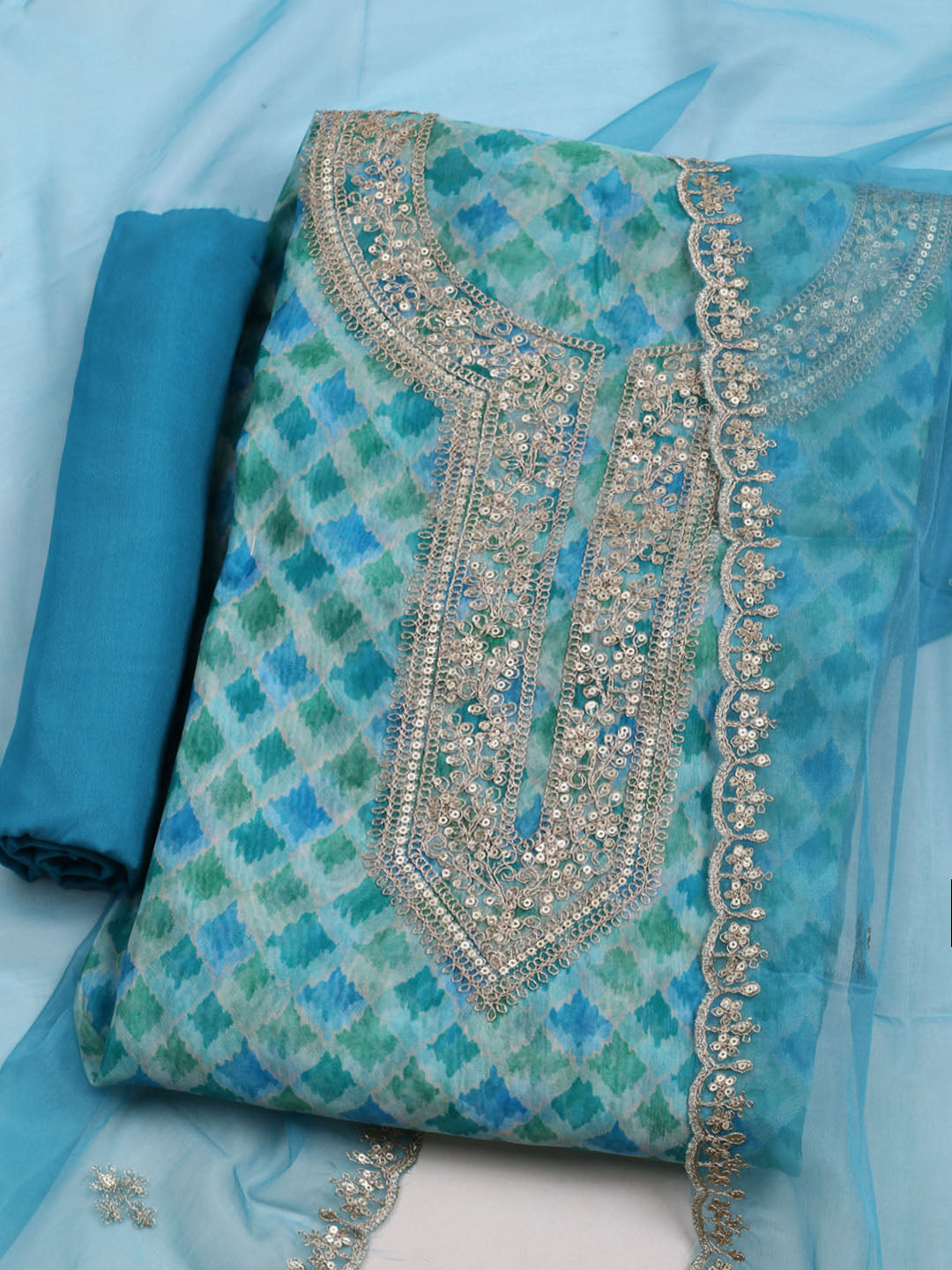 Neck Embroidered & Printed Organza Unstitched Suit With Dupatta