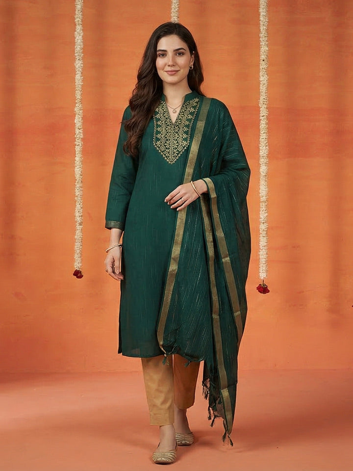 Printed Cotton Blend Kurta With Pant &amp; Dupatta