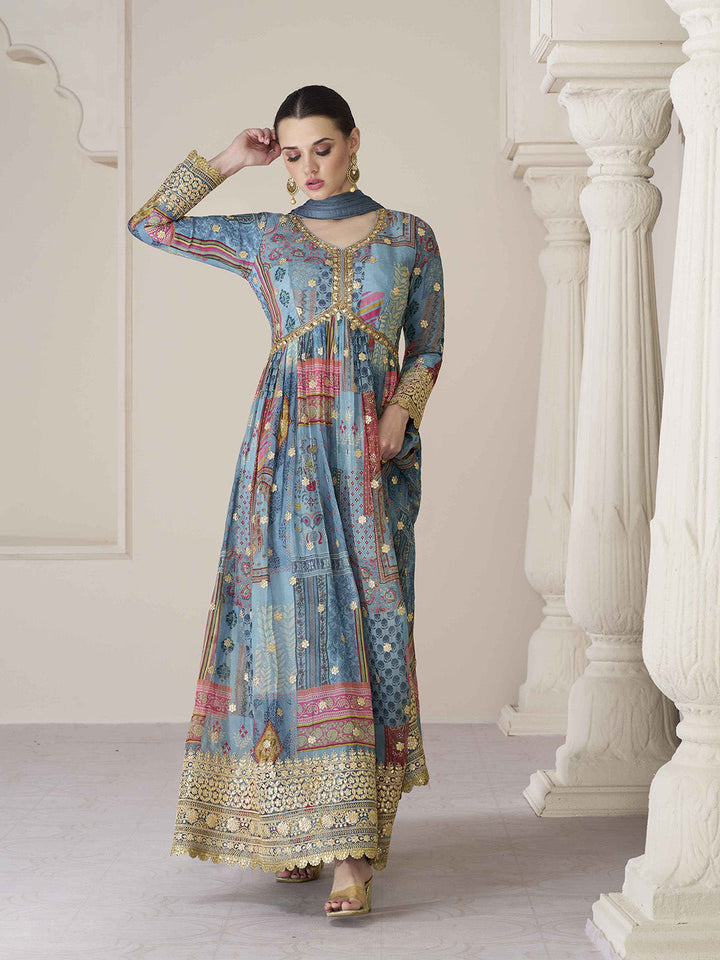 Embroidered Organza Suit With Pant &amp; Dupatta