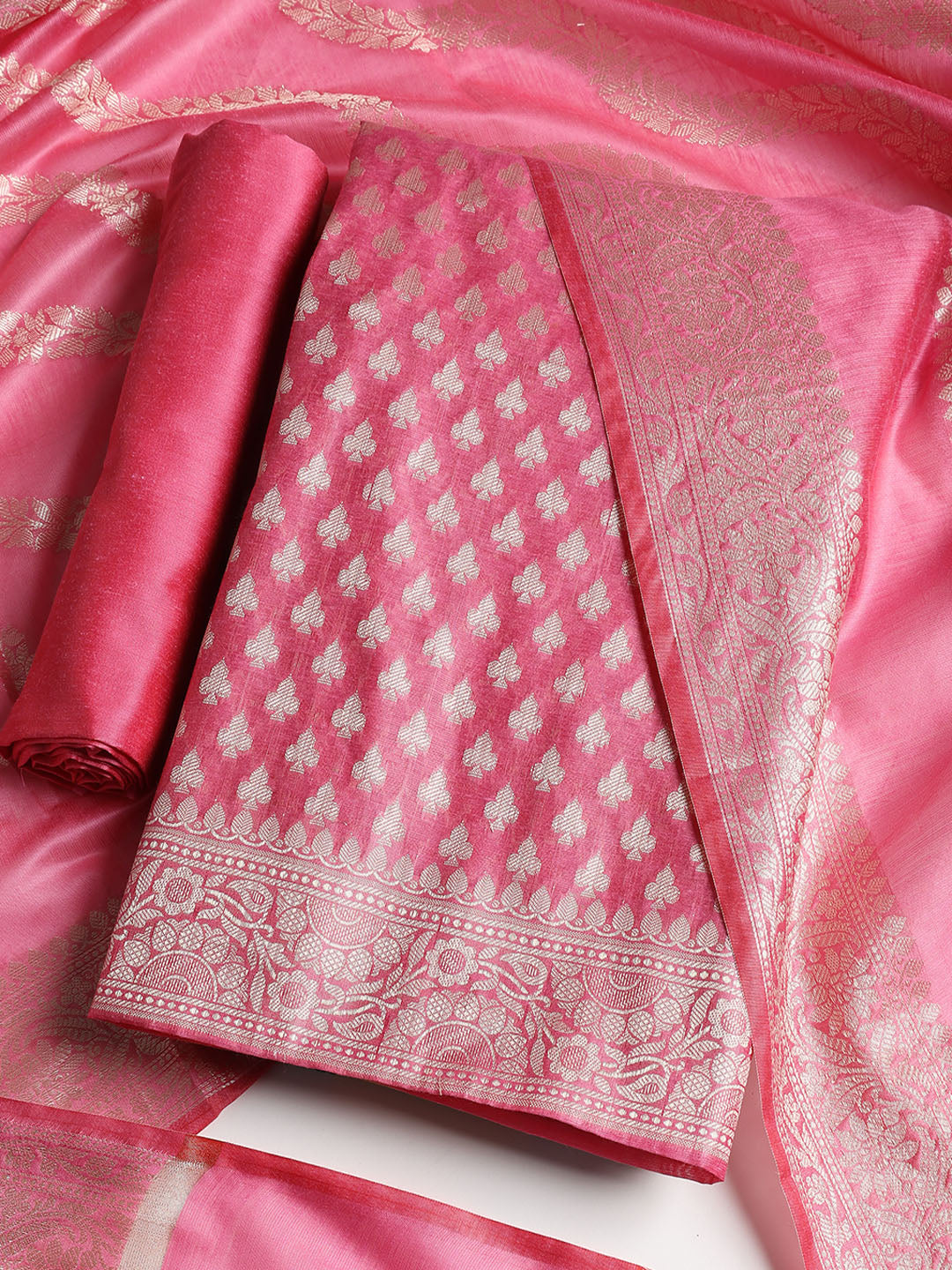 Woven Banarasi Chanderi Unstitched Suit With Dupatta