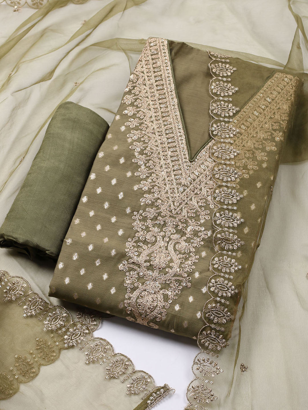 Neck Embroidered Chanderi Unstitched Suit With Dupatta