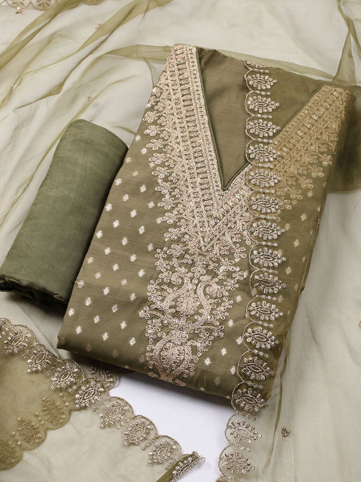 Neck Embroidered Chanderi Unstitched Suit With Dupatta