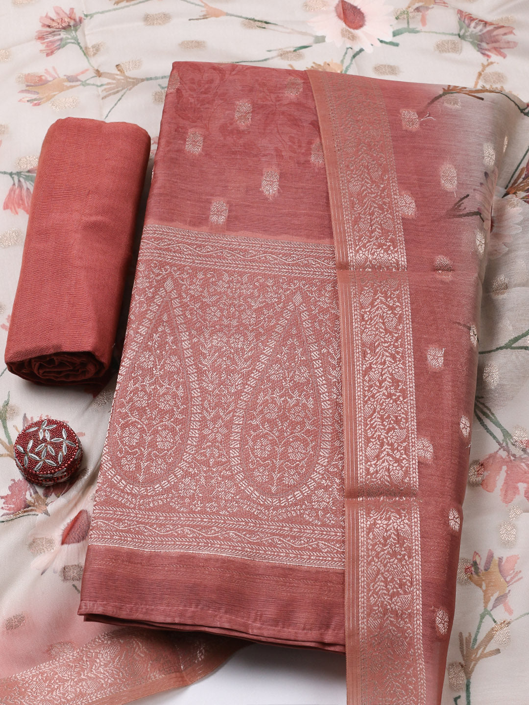 Embroidered Chanderi Unstitched Suit With Pant &amp; Dupatta