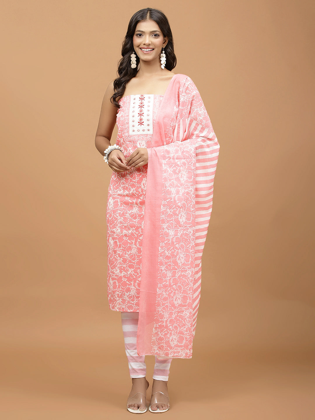 Neck Embroidered Cotton Blend Unstitched Suit With Dupatta