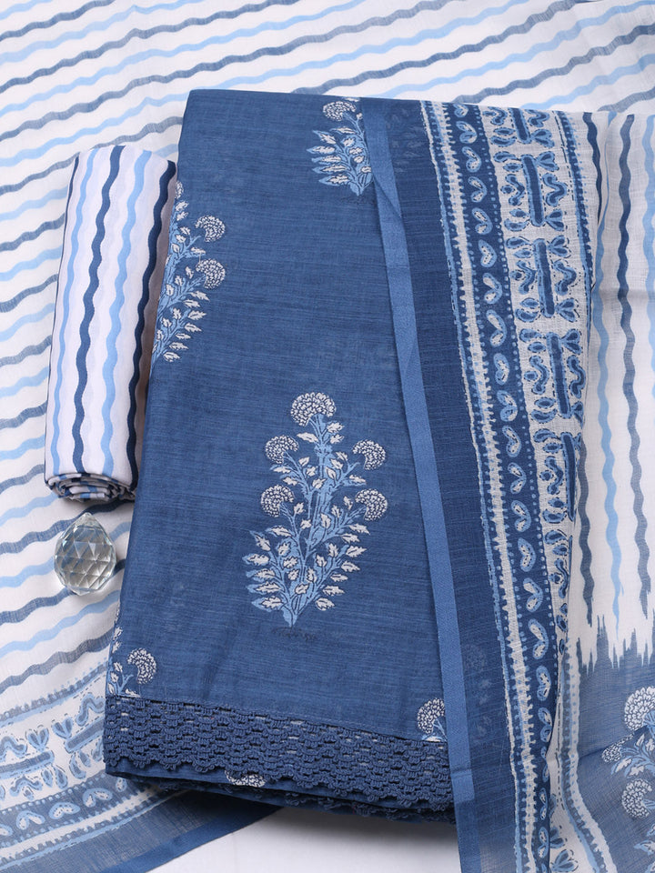 Printed Cotton Blend Unstitched Suit With Pant &amp; Dupatta