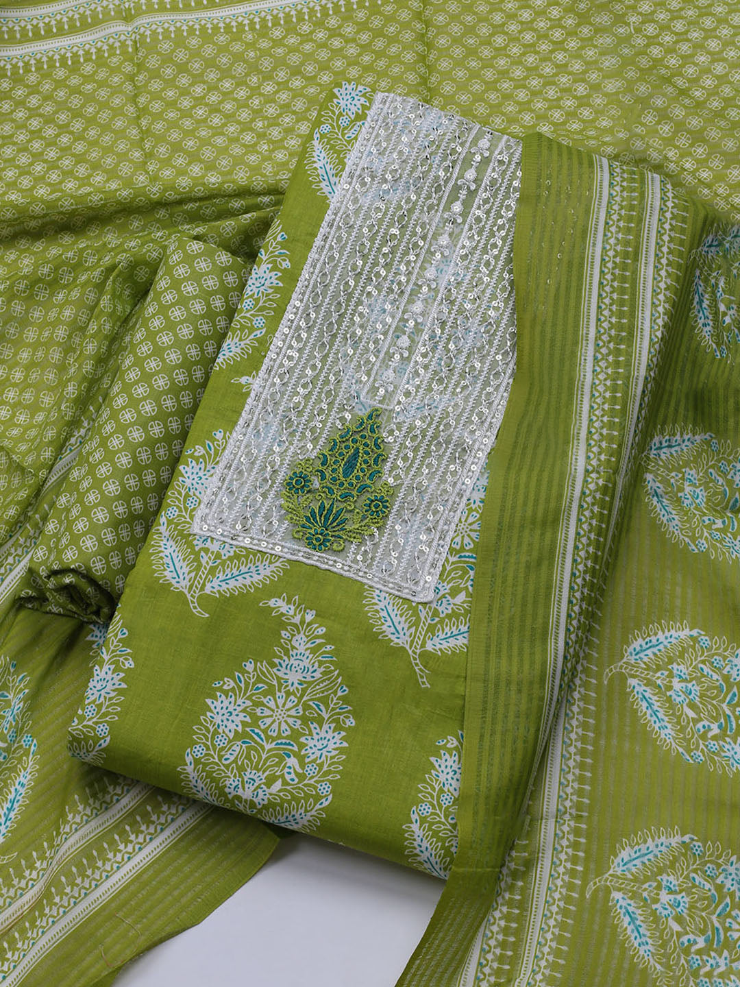 Sequence Work Cotton Blend Unstitched Suit With Dupatta