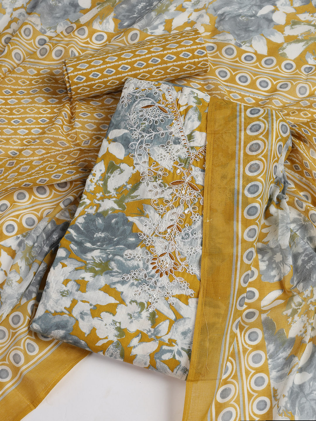 Printed Cotton Blend Unstitched Suit With Dupatta