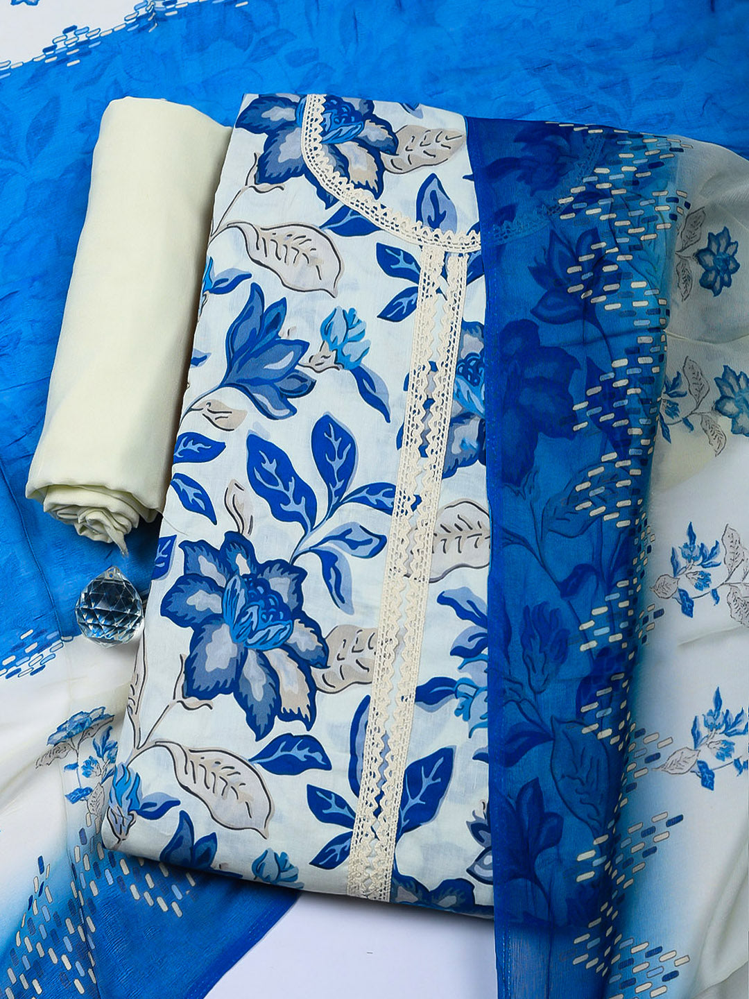 Embroidered Cotton Blend Unstitched Suit With Pant &amp; Dupatta