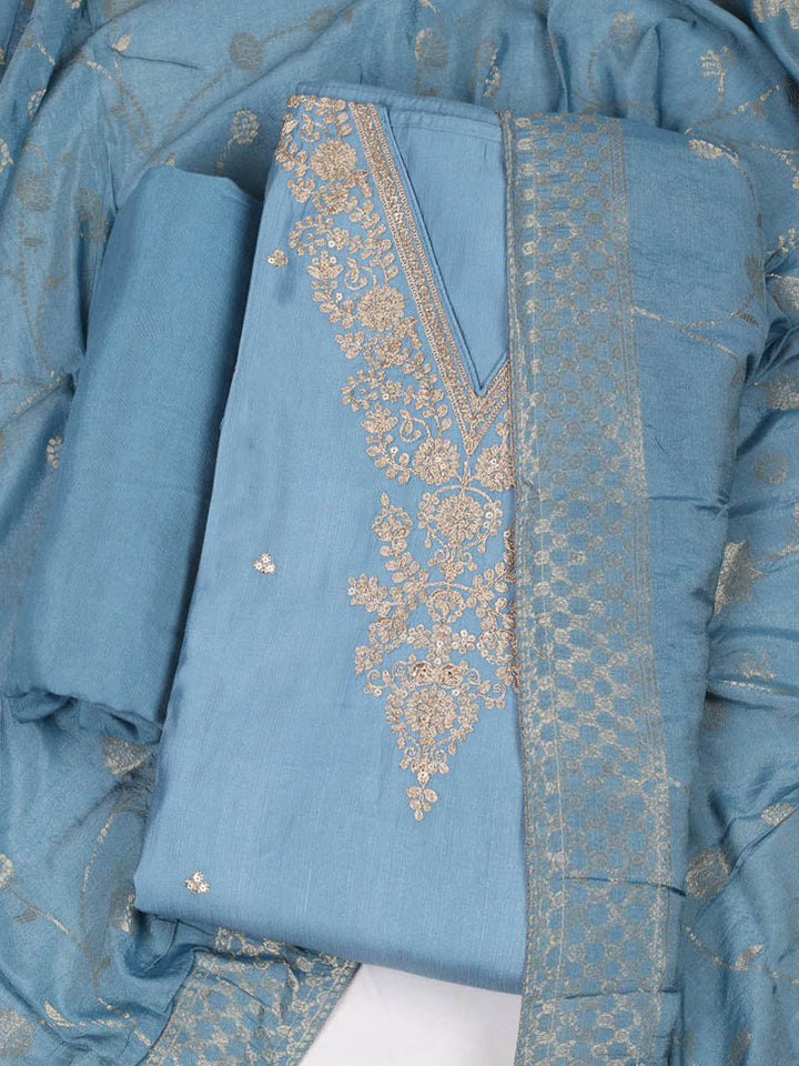Embroidered Chanderi Unstitched Suit With Pant &amp; Dupatta