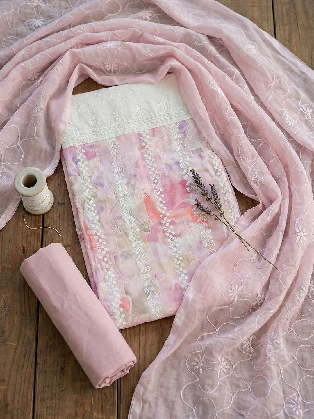 Printed Cotton Blend Unstitched Suit With Pant &amp; Dupatta