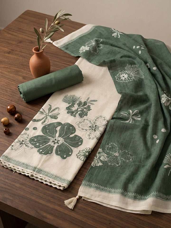 Embroidered Cotton Blend Unstitched Suit With Pant &amp; Dupatta