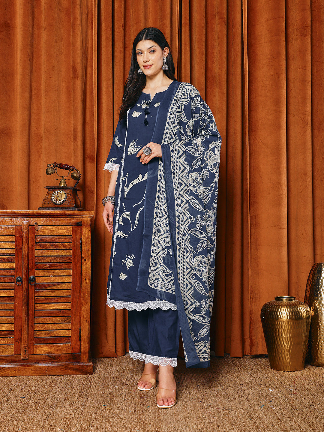 Printed Cotton Blend Kurta With Pants &amp; Dupatta