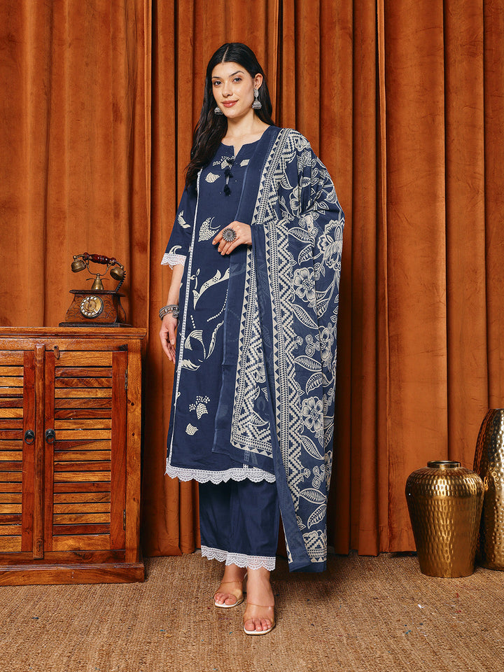 Printed Cotton Blend Kurta With Pants &amp; Dupatta