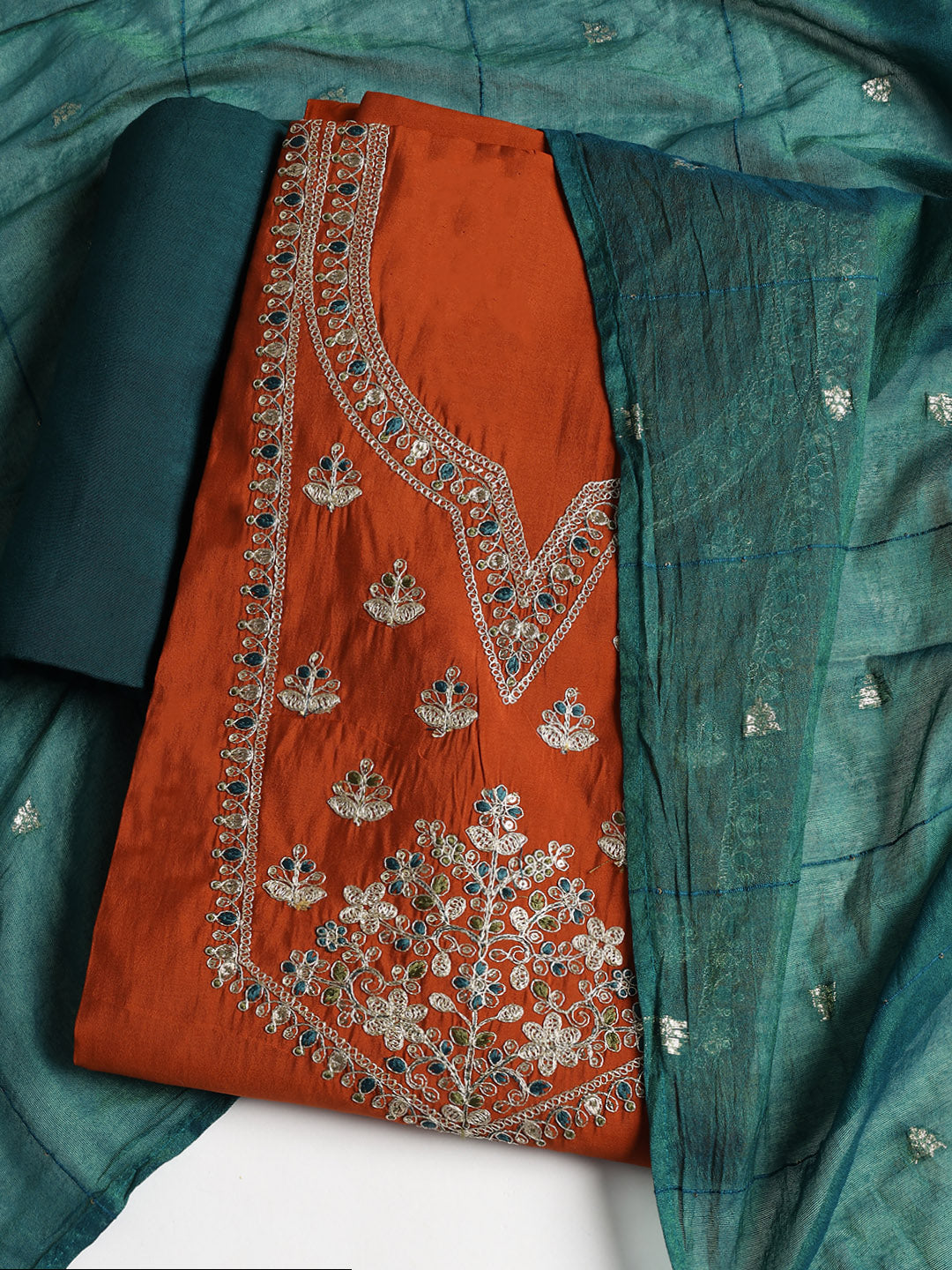 Neck Embroidered Chanderi Unstitched Suit With Dupatta