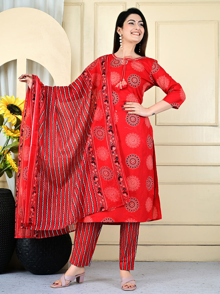 Printed Cotton Blend Kurta With Pants &amp; Dupatta
