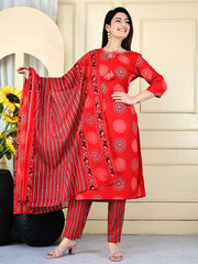 Printed Cotton Blend Kurta With Pants & Dupatta