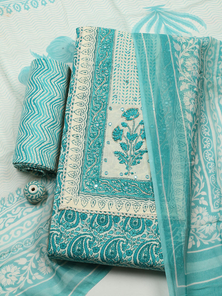Printed Cotton Blend Unstitched Suit With Pant &amp; Dupatta