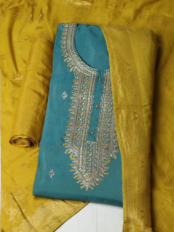 Embroidered Chanderi Unstitched Suit With Pant &amp; Dupatta