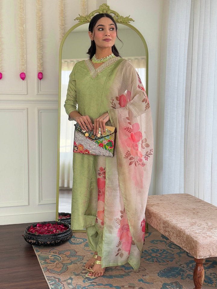Printed Embroidery Cotton Blend Kurta With Pants &amp; Dupatta