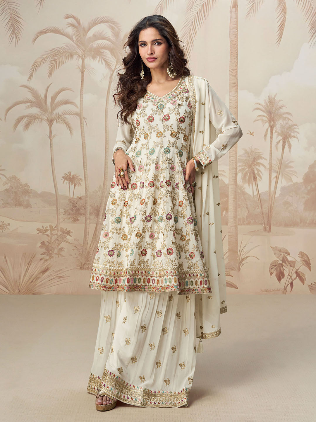 Embroidered Georgette Kurti With Sharara &amp; Dupatta