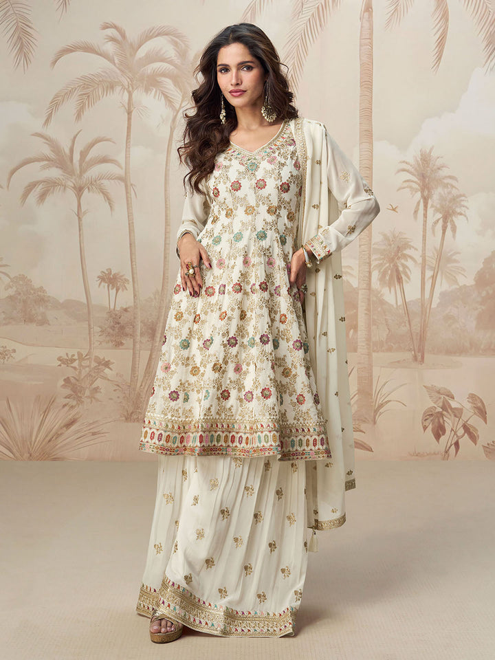 Embroidered Georgette Kurti With Sharara &amp; Dupatta
