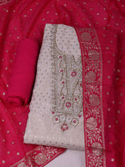 Embroidered Chanderi Cream-Rani Unstitched Suit With Pant & Dupatta