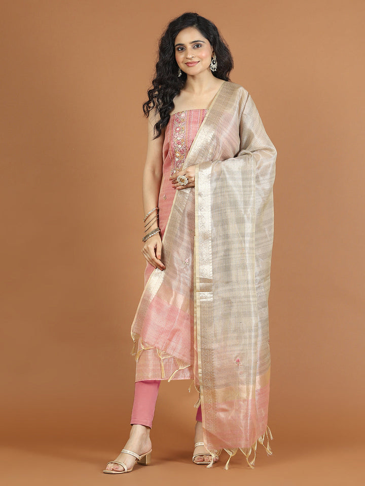 Neck Embroidered Chanderi Unstitched Suit Piece With Dupatta