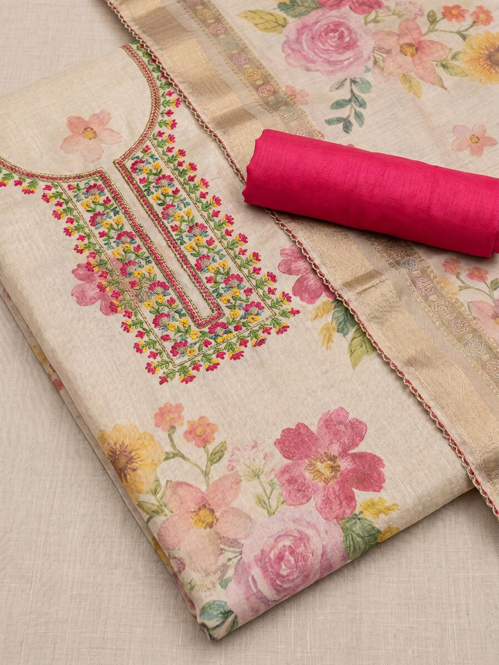 Neck Embroidered Cotton Blend Unstitched Suit With Dupatta