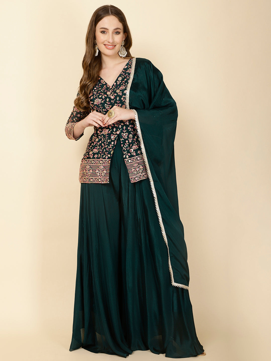 Resham Jaal Embroidery Crepe Short Jacket With Sharara & Dupatta