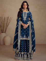 Sequins Embroidery Art Silk Kurta With Palazzo And Dupatta