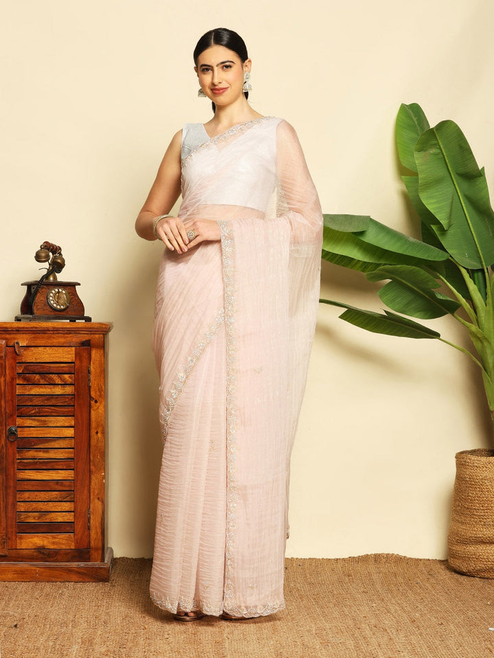 Stone &amp; Sequin Embellished Tissue Saree