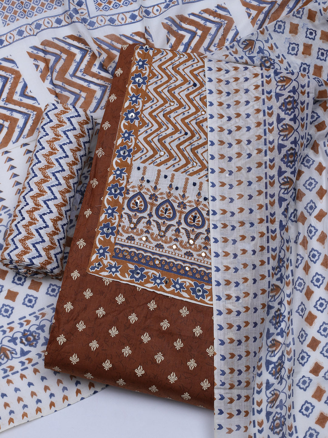 Printed Cotton Blend Unstitched Suit With Dupatta