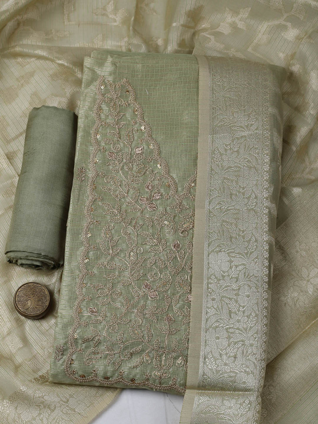 Embroidered Tissue Unstitched Suit With Pant &amp; Dupatta